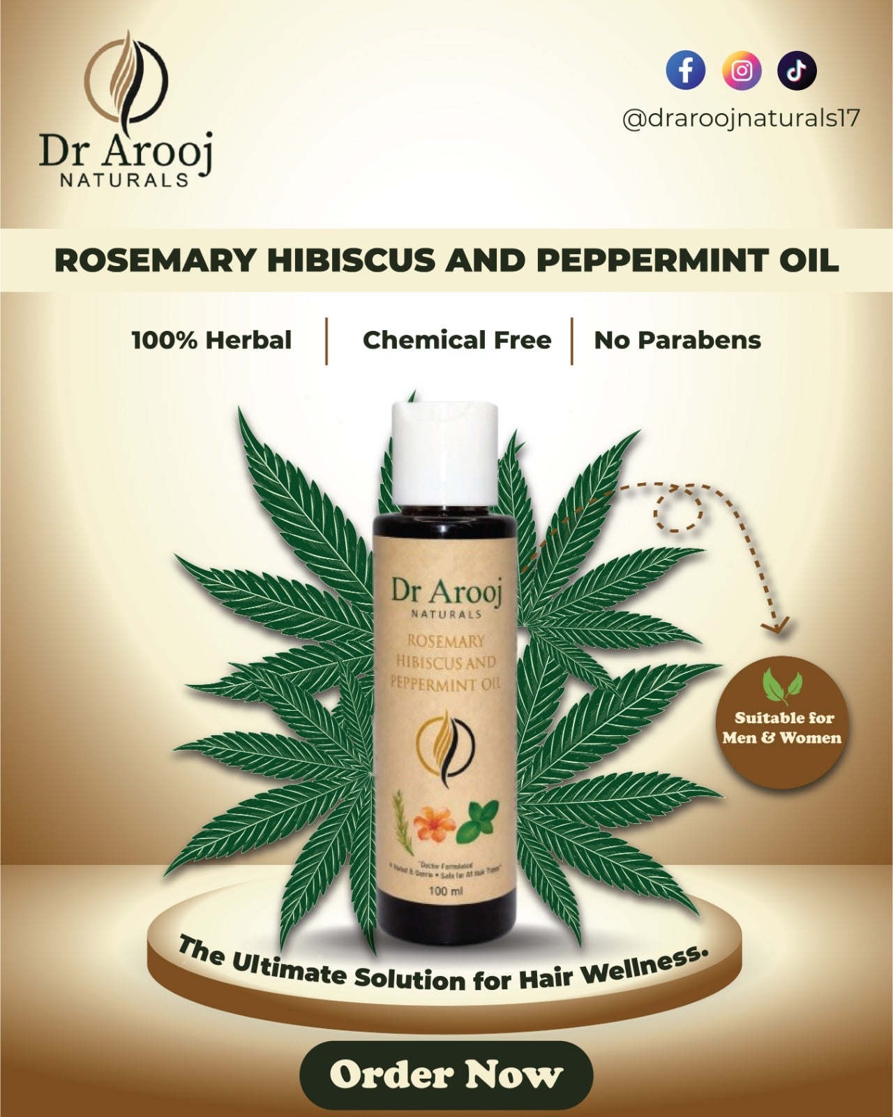 Dr Arooj Naturals Rosemary, Hibiscus & Peppermint Hair Oil – Hair Fall Control & Scalp Care (100ml)