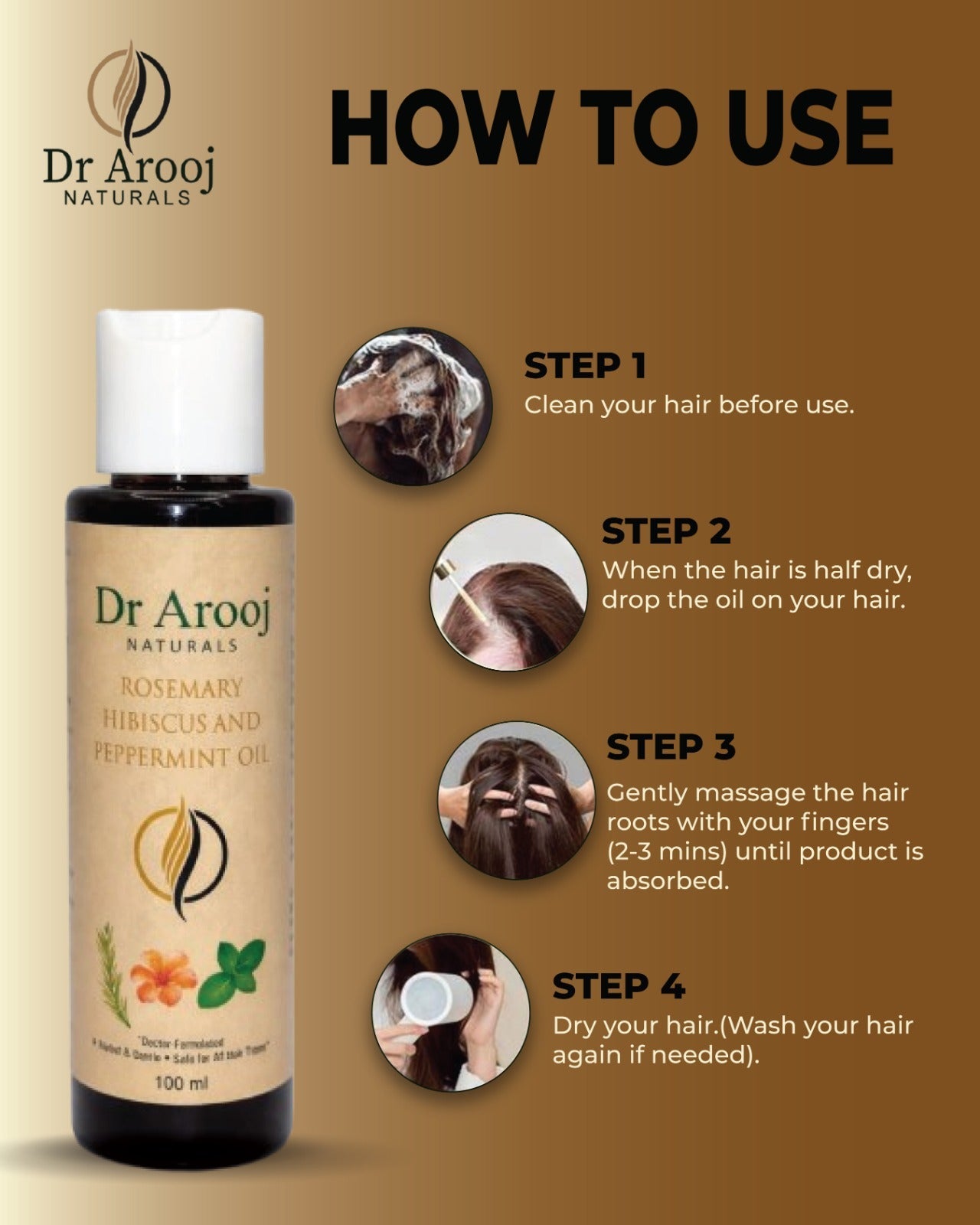 Dr Arooj Naturals Rosemary, Hibiscus & Peppermint Hair Oil – Hair Fall Control & Scalp Care (100ml)