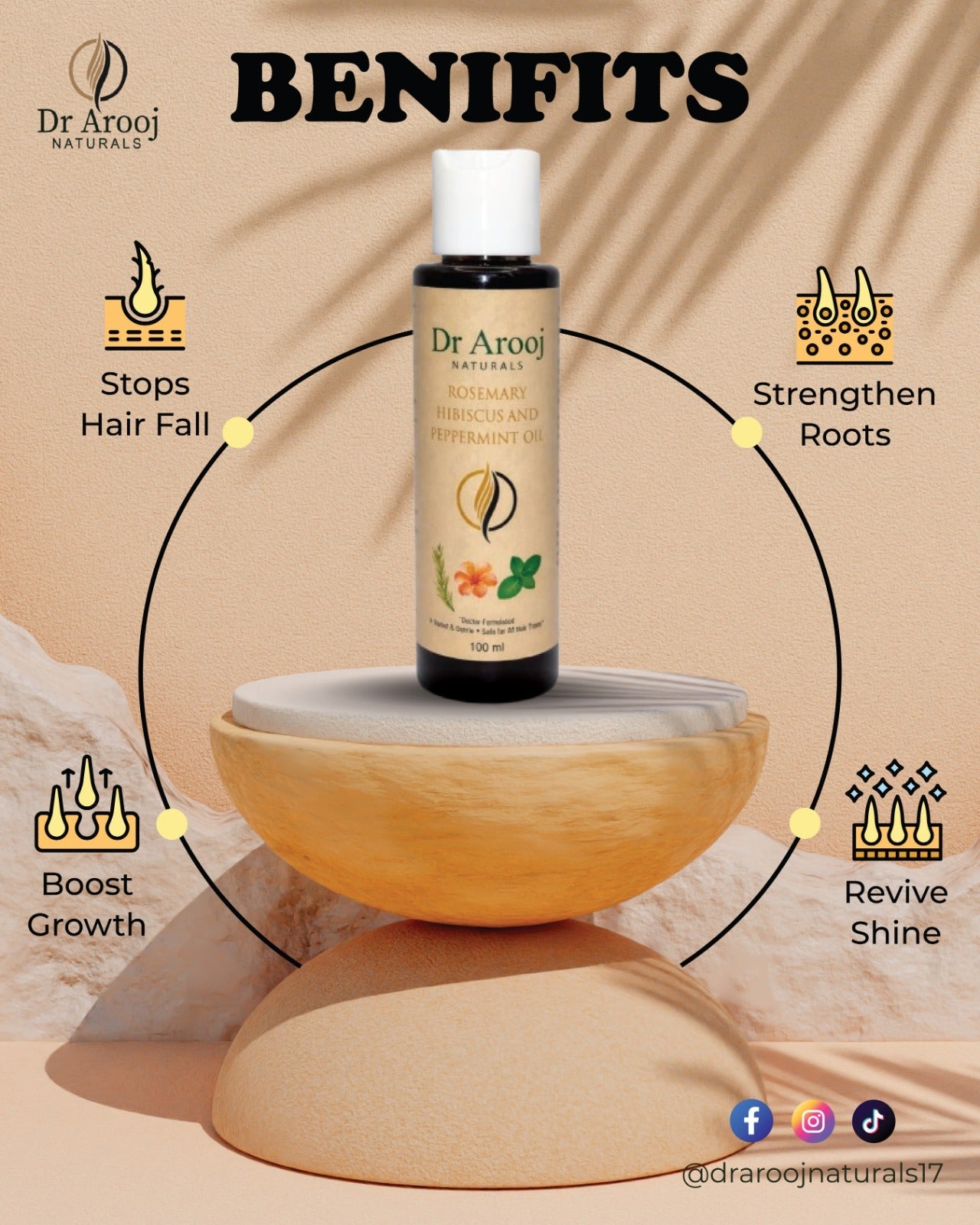 Dr Arooj Naturals Rosemary, Hibiscus & Peppermint Hair Oil – Hair Fall Control & Scalp Care (100ml)