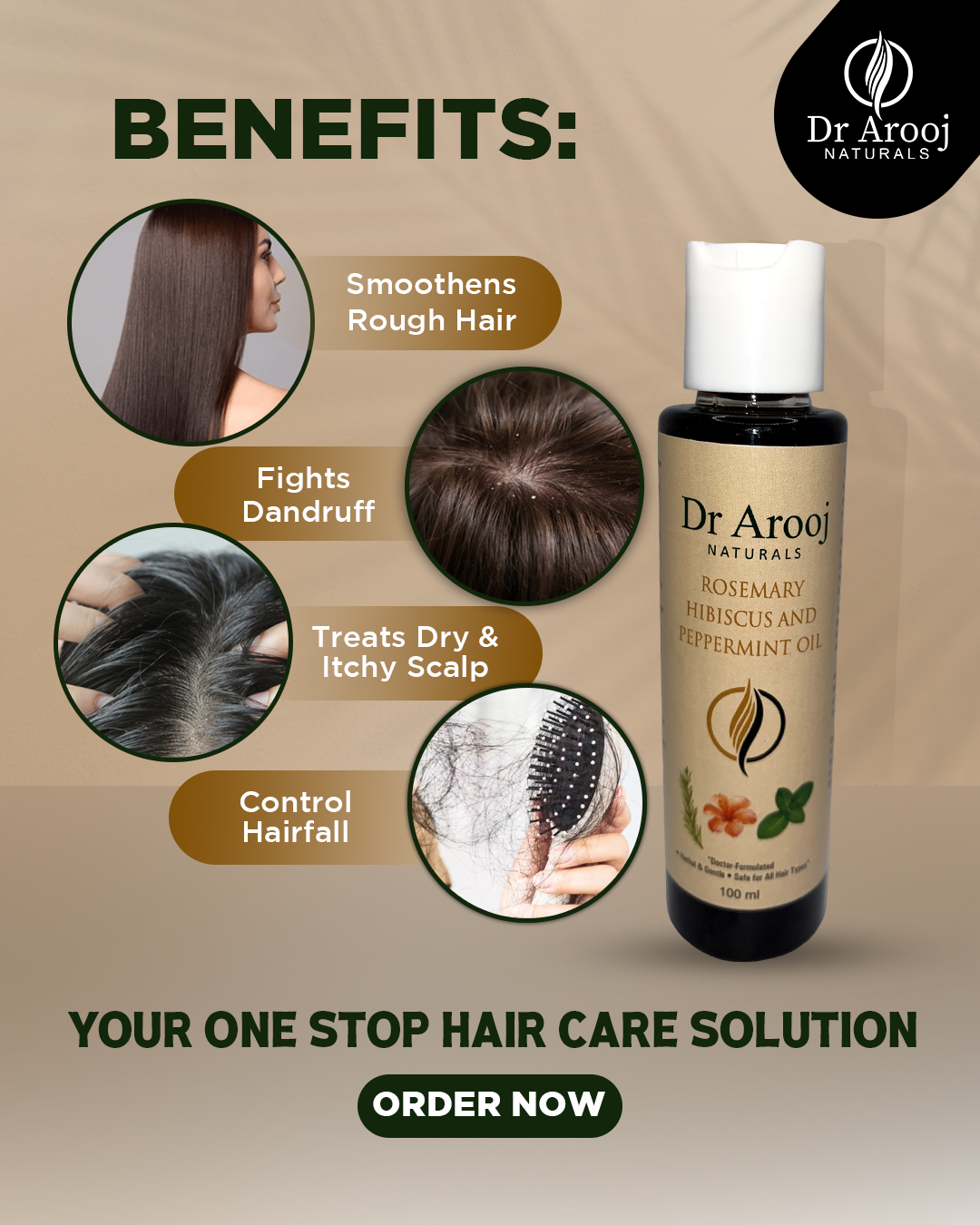 Dr Arooj Naturals Rosemary, Hibiscus & Peppermint Hair Oil – Hair Fall Control & Scalp Care (100ml)